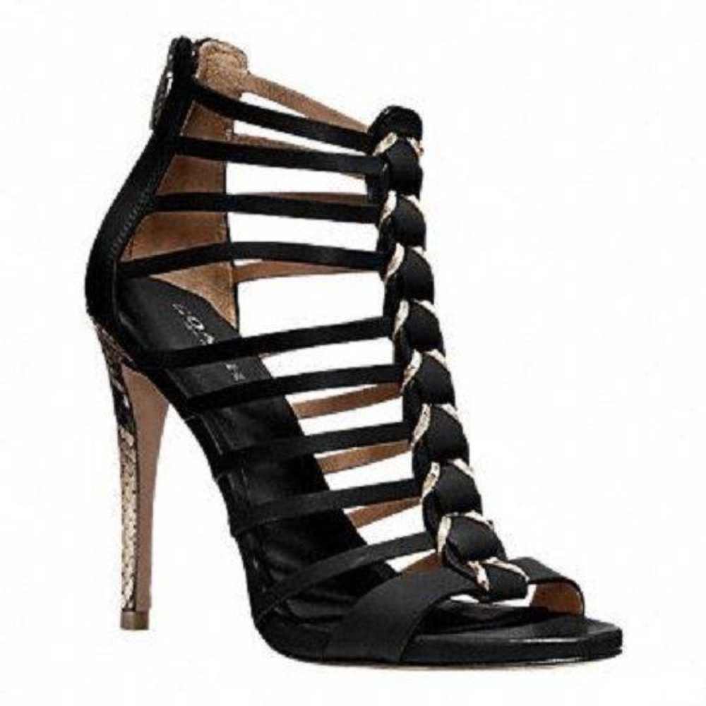 COACH Josey Veg Lther/Prnt Snake BLK Heels NEW -5M